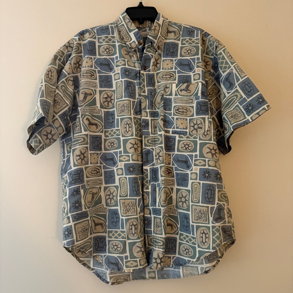 Vintage Bugle Boy Ramie Cotton Button Up Shirt Blue Beige Abstract Men’s Large